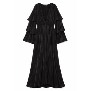 Boohoo Black Pleated Tiered Maxi Dress – Size 24 (Fits 26) Dramatic Sleeve